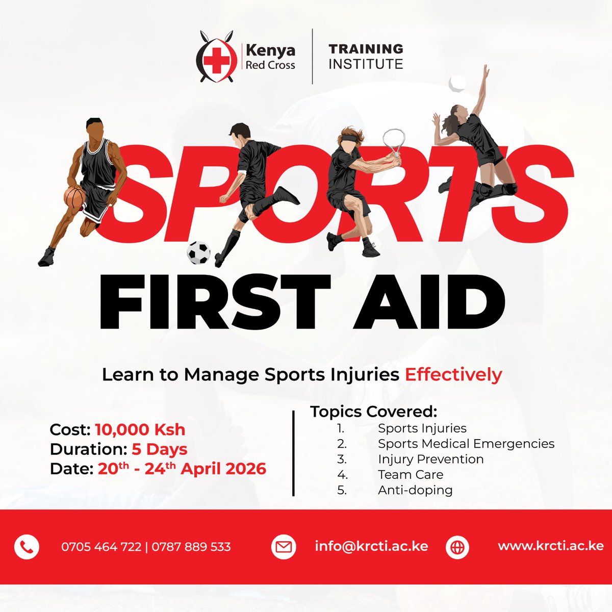 KRCTI_Kenya's tweet photo. Sports First Aid – April 2026 dates available. Book your spot now.  Book your slot today! 
https://t.co/ptOnObonGM

#krcti #sportsfirstaid #firstaid https://t.co/NApfwETu5K