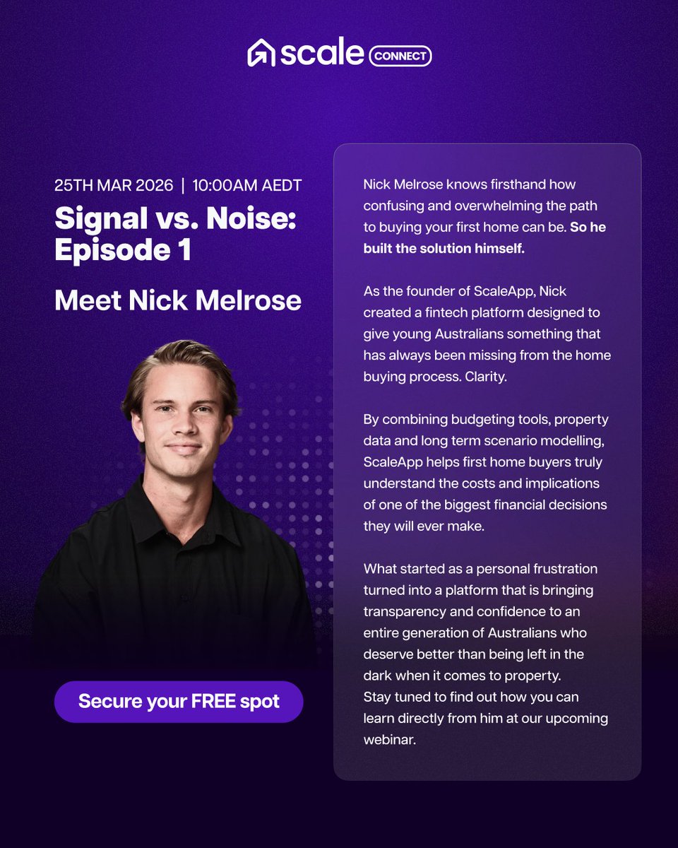 loanoptions_ai's tweet photo. Nick Melrose got frustrated with how confusing buying a home was, so he built ScaleApp to fix it.
Now he's bringing that knowledge to Signal vs. Noise: Episode 1 tomorrow at 10:00AM AEDT.
#SignalVsNoise #NickMelrose #FirstHomeBuyer #PropertyAustralia https://t.co/epmVcuvDD2 https://t.co/0PLhKfWI5u