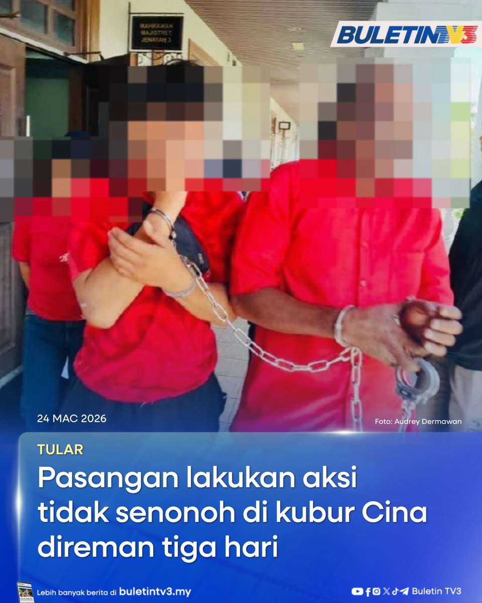 BuletinTV3's tweet photo. TULAR | Sepasang kekasih yang menjadi tular menerusi sebuah video kerana didakwa melakukan perbuatan tidak senonoh dalam keadaan berbogel di sebuah tanah perkuburan di George Town direman sehingga Khamis ini bagi membantu siasatan.
#BuletinTV3 #KesTular #SiasatanPolis #Reman #Kubur #PerbuatanTidakSenonoh
