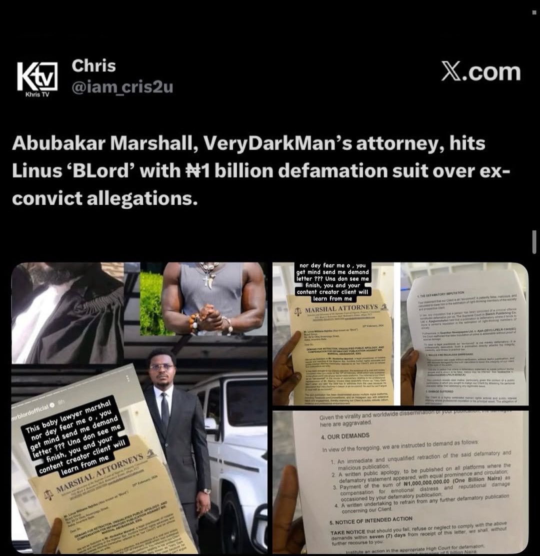 Abubakar Marshall, VeryDarkMan’s attorney, hits Linus ‘BLord’ with ₦1 billion defamation suit over ex-convict allegations.