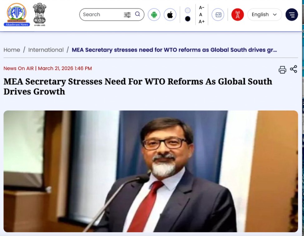 RIS_NewDelhi's tweet photo. 📻 𝗠𝗲𝗱𝗶𝗮 𝗖𝗼𝘃𝗲𝗿𝗮𝗴𝗲 | 𝗟𝗮𝘂𝗻𝗰𝗵 𝗼𝗳 𝗥𝗜𝗦 𝗪𝗼𝗿𝗹𝗱 𝗧𝗿𝗮𝗱𝗲 & 𝗗𝗲𝘃𝗲𝗹𝗼𝗽𝗺𝗲𝗻𝘁 𝗥𝗲𝗽𝗼𝗿𝘁 (𝗪𝗧𝗗𝗥) 2026

News On AIR (@airnewsalerts) covers the launch of the RIS 𝘞𝘰𝘳𝘭𝘥 𝘛𝘳𝘢𝘥𝘦 & 𝘋𝘦𝘷𝘦𝘭𝘰𝘱𝘮𝘦𝘯𝘵 𝘙𝘦𝘱𝘰𝘳𝘵 2026.

At the launch, Amb. Sudhakar Dalela (@SudhakarDalela), Secretary (ER), @MEAIndia, highlighted that the Global South now contributes over 42% of global GDP, a sharp rise from 21% in 2000. He emphasized that this transformation calls for urgent reforms in global governance institutions such as the World Trade Organization (WTO) to better reflect present-day economic realities.

🔗 Read more:
https://t.co/0ka58G61Zv

@dravirmani @NITIAayog @DoC_GoI @IndiaWTO @wto
@aparnaray_ifs @SKSharma_World @Prabir_India
@TheAtulKaushik @Abhijit_trade @sabya_saha @pdash76 @PV_Chat @AmitK_PhD @susheco
@SuvayanNeogi @CWS_iift @GaurPankhuri @RenuuMann @__ayussh__ @Vaasu_Agg
@LakhianiRiddhi @JindalGLS @JindalLaw @JindalGlobalUNI @AIC_aseanindia @DakshinNews @cmec_ris @fitm14 @fisd19

#WTDR2026 #RIS #GlobalSouth #DAKSHIN #WTOReform #TradePolicy #Multilateralism