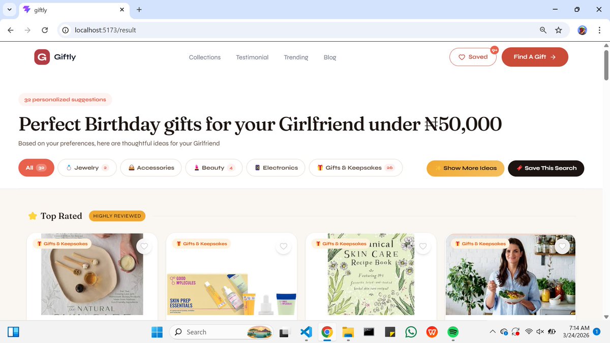 StacyInTech_'s tweet photo. Ever struggled to find the perfect gift? 😭 Building Giftly 🎁 - your smart gift companion for the @dev_careers × @RaenestApp Hackathon. 
Get thoughtful, real gift suggestions based on who it’s for, your budget &amp; the occasion. #Hackathon #FrontendDev #RaenestXDevCareer https://t.co/YYsrGcUO3Z