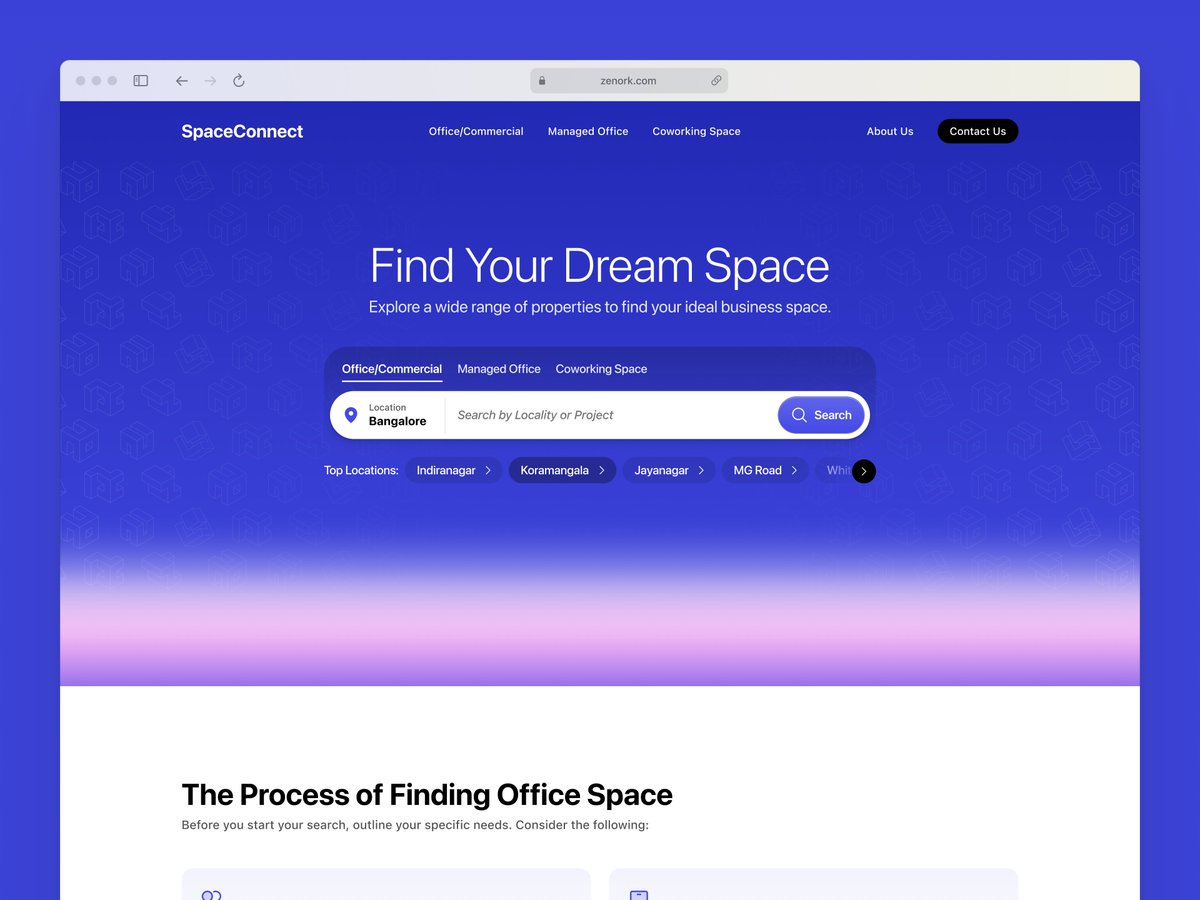 Sandipsharmaa's tweet photo. Hero UI for a commercial real estate web app — location search, office/coworking/managed space filters, and top locality shortcuts all above the fold. Keeping the UX tight and the intent clear.

#UIDesign #RealEstateUI #WebDesign #Proptech #LandingPage https://t.co/SrG5ZRZ5tw