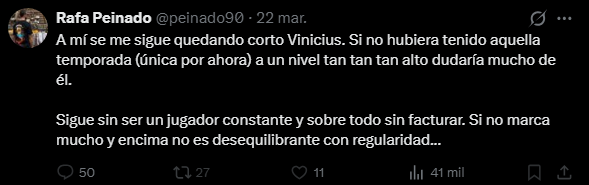 DonShelby__'s tweet photo. ......."(Vinicius) sigue sin ser un jugador constante y sobre todos sin facturar"

- tiene 5 temporadas seguidas produciendo 10+ goles en Champions, solo el segundo jugador en la historia de la Copa de Europa en conseguirlo
- tiene 101 goles/asistencias en La Liga en las últimas 5 temporadas, el único jugador en la liga española en superar los 100 en el último lustro
- ha marcado 10+ goles en liga en cada una de las últimas 5 temporadas, algo que Ronaldinho consiguió en las 5 grandes ligas en solo 4 de sus 10 temporadas jugando en Europa y que consiguió solo en dos temporadas seguidas