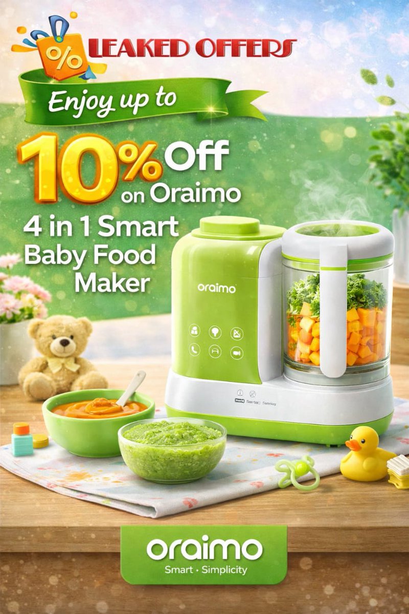 leakedoffers's tweet image. Make feeding time easier! Enjoy up to 10% OFF Oraimo 4-in-1 Smart Baby Food Maker. Prepare fresh, healthy meals for your baby with ease—smart, fast, and convenient. Shop now and save! 💚

leakedoffers.com/store/oraimo/e…

#Oraimo #BabyCare #SmartKitchen #BabyFoodMaker #ParentingMadeEasy