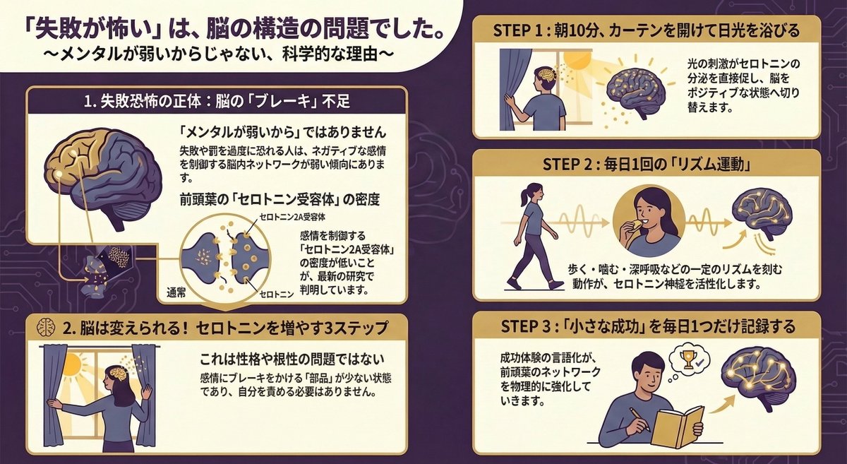 kenji30selfcare's tweet photo. 失敗を人より怖く感じるのは、
メンタルが弱いからじゃない。
脳の構造の問題だと、研究で判明しています。

「またどうせうまくいかない」
「失敗したらどうしよう」
「一歩踏み出せない自分が嫌い」

そう感じやすい人へ、知ってほしいことがあります。

国立の研究機関が調べたところ
失敗や罰を過度に恐れる人ほど

「ネガティブな感情を制御する
　脳内ネットワークが弱い」

ことがわかりました。

さらに——

前頭葉の「セロトニン2A受容体」という部分の
密度が低いことも確認されています。

つまり、こういうことです。

消極的になりやすい人は
感情のブレーキをかける部品が
もともと少ない状態にある。

これは性格でも、根性でも、育ちでもない。
脳の仕組みの話。

「なんでこんなに臆病なんだろう」と
自分を責め続けてきた人へ。

あなたが弱いんじゃない。
ただ、感情を制御する回路が
ちょっと疲れているか、育ちにくい環境にいただけ。

そして脳は変えられます。

セロトニンを増やす習慣は
実はシンプルです↓

①朝、カーテンを開けて日光を10分浴びる
→ 光刺激がセロトニン分泌を促す

②リズム運動（歩く・咀嚼・深呼吸）を毎日続ける
→ 反復的なリズムがセロトニン神経を活性化する

③「小さな成功」を毎日1つ記録する
→ 成功体験の積み重ねが前頭葉の回路を強化する

大きく変わろうとしなくていい。
今日の朝、カーテンを開けるだけでいい。

その1ミリが、脳を少しずつ変えていく。

この投稿、
「なぜ自分はこんなに臆病なんだろう」と
感じたことがある人に届いてほしいので
保存してもらえると嬉しいです。

「1ミリでも楽になりたい」と思ったら
フォローして受け取ってください。
@kenji30selfcare

#脳科学 #セルフケア #メンタルヘルス