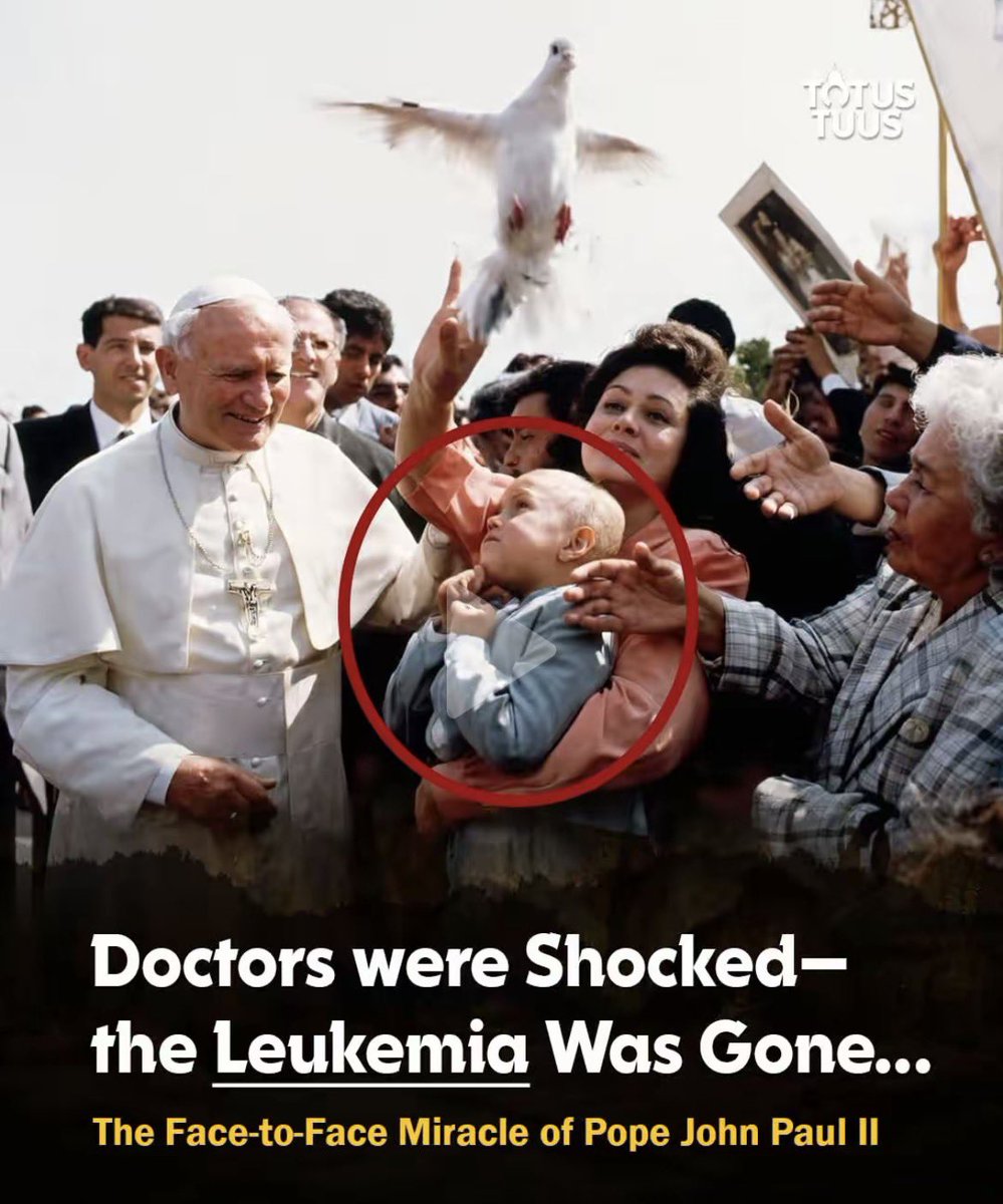 chiamaka___o's tweet photo. In May 1990, during his visit to Zacatecas, Mexico, Pope John Paul II met a frail 4-year-old boy named José Herón Badillo. Little Herón was battling terminal leukemia—his body weakened by treatments, weighing almost nothing, and doctors had given up hope. He was chosen to greet the Pope, holding a dove as a symbol of peace.

The Holy Father looked at the suffering child, hugged him gently, told him to release the dove, and kissed him on the forehead. In that tender moment, Herón's family and priest believe a miracle happened through the intercession of God's grace working through the Pope.
Soon after, Herón's condition dramatically improved. Medical tests showed the leukemia had vanished completely. 

Today, as an adult, José Herón credits that papal kiss with saving his life:
"God saved me for some destiny, and He knows what that is."
His family still gives thanks: "We thank God and the Pope, because it was through him that the miracle was performed."
Stories like this remind us of the profound holiness of Saint John Paul |I—even during his lifetime, God's love shone through him to heal and comfort the suffering. 

🙏🏾