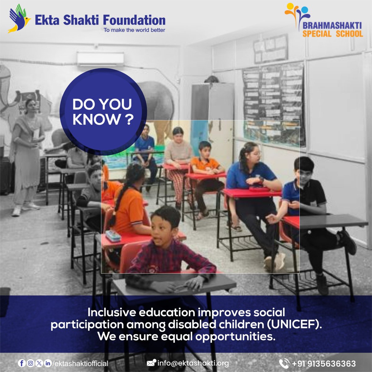 ekta_shakti's tweet image. Do you know? Inclusive education improves social participation among disabled children ( UNICEF ). We ensure equal opportunities.

#specialchildren #differentabilities #UniqueTalent #equalopportunity #donateforthespecialchildren