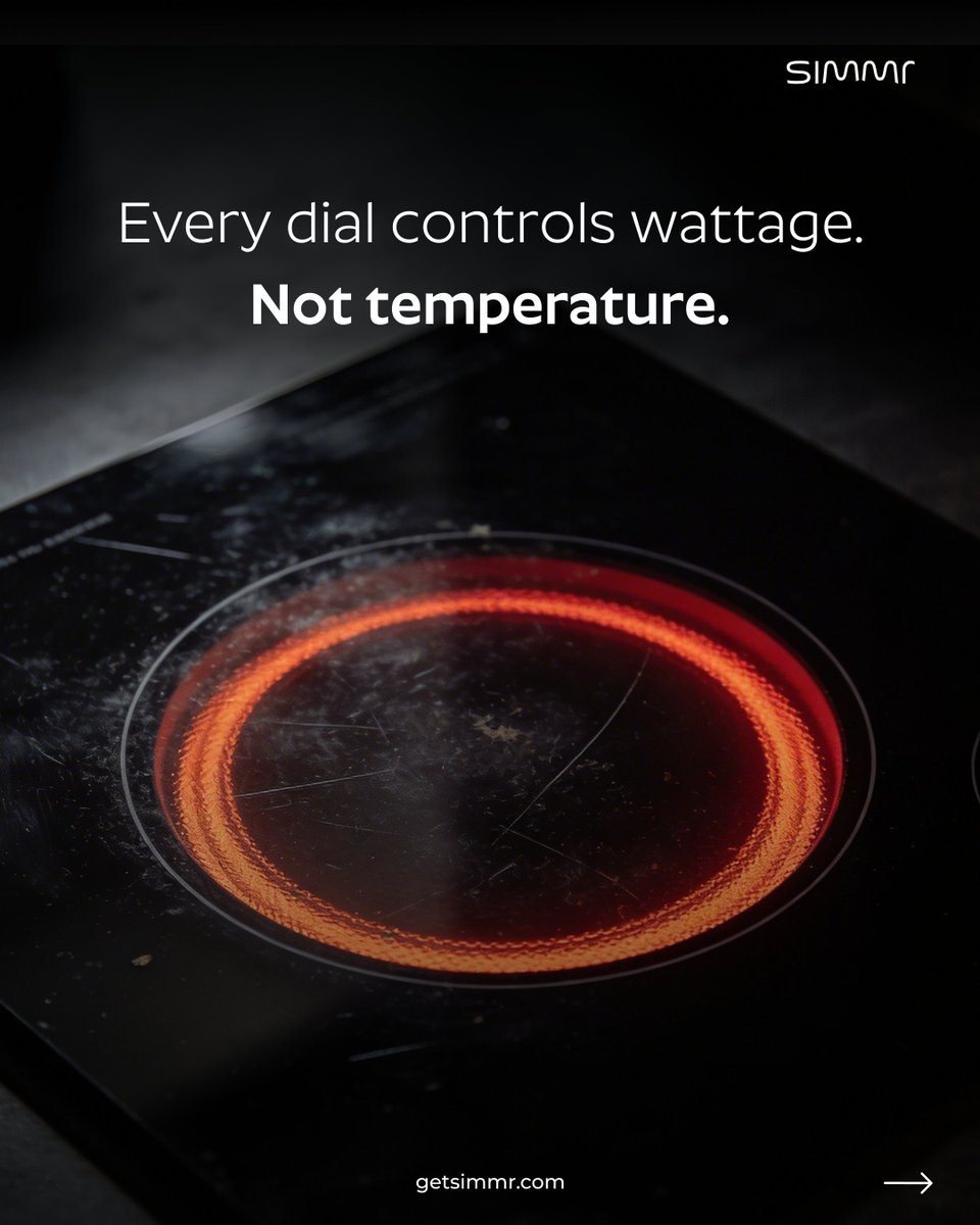 getsimmr's tweet image. Your cooktop has been guessing since day one.
Every dial controls wattage, not temperature. "Medium heat" isn't a setting — it's a suggestion.
SIMMR holds exact degrees. No drift. No guesswork

#SIMMR #PrecisionCooking #SmartCooktop #CookSmart #FoodTech