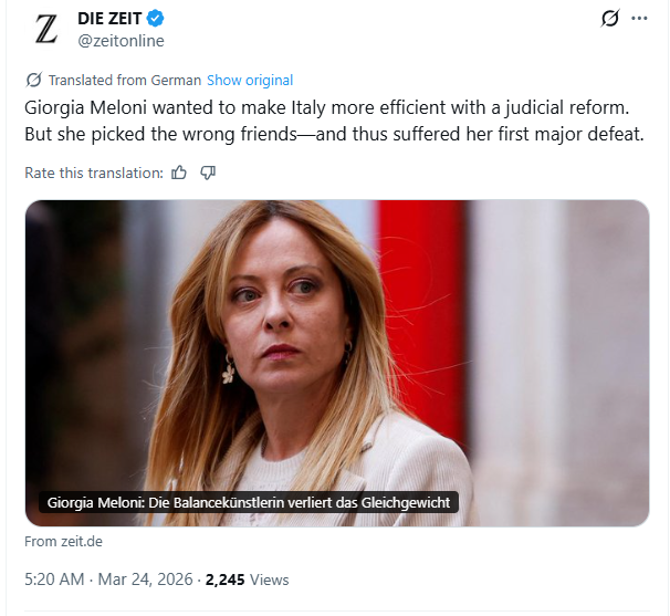 Fascinating how sympathetic centrist high-brow German weekly Zeit is towards Meloni here.

Keep in mind: this judicial reform is the *same* that Berlusconi always wanted (but never managed) to introduce. *And we know what his issue with the judiciary was*x.com/zeitonline/sta…