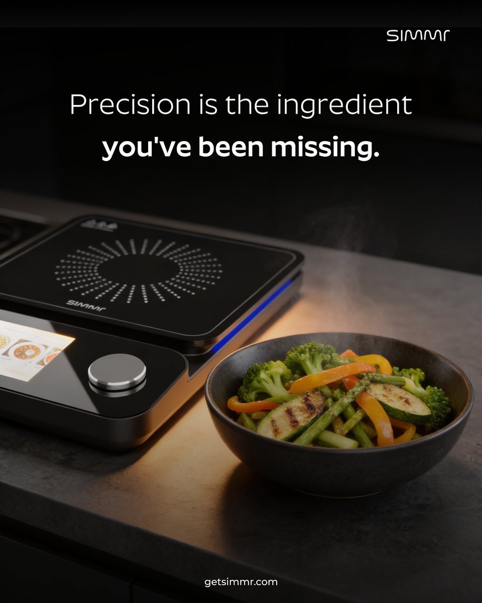 getsimmr's tweet image. Your cooktop has been guessing since day one.
Every dial controls wattage, not temperature. "Medium heat" isn't a setting — it's a suggestion.
SIMMR holds exact degrees. No drift. No guesswork

#SIMMR #PrecisionCooking #SmartCooktop #CookSmart #FoodTech