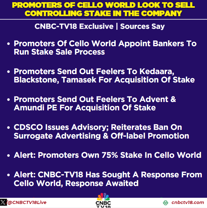 CNBCTV18Live's tweet photo. #CNBCTV18Exclusive | Promoters of #CelloWorld look to sell controlling stake in the company, feelers sent to #Kedaara, #Blackstone, #Tamasek, #Advent & #AmundiPE for acquisition of stake: Sources to @YashJain88 https://t.co/Gj6sWoCyqq