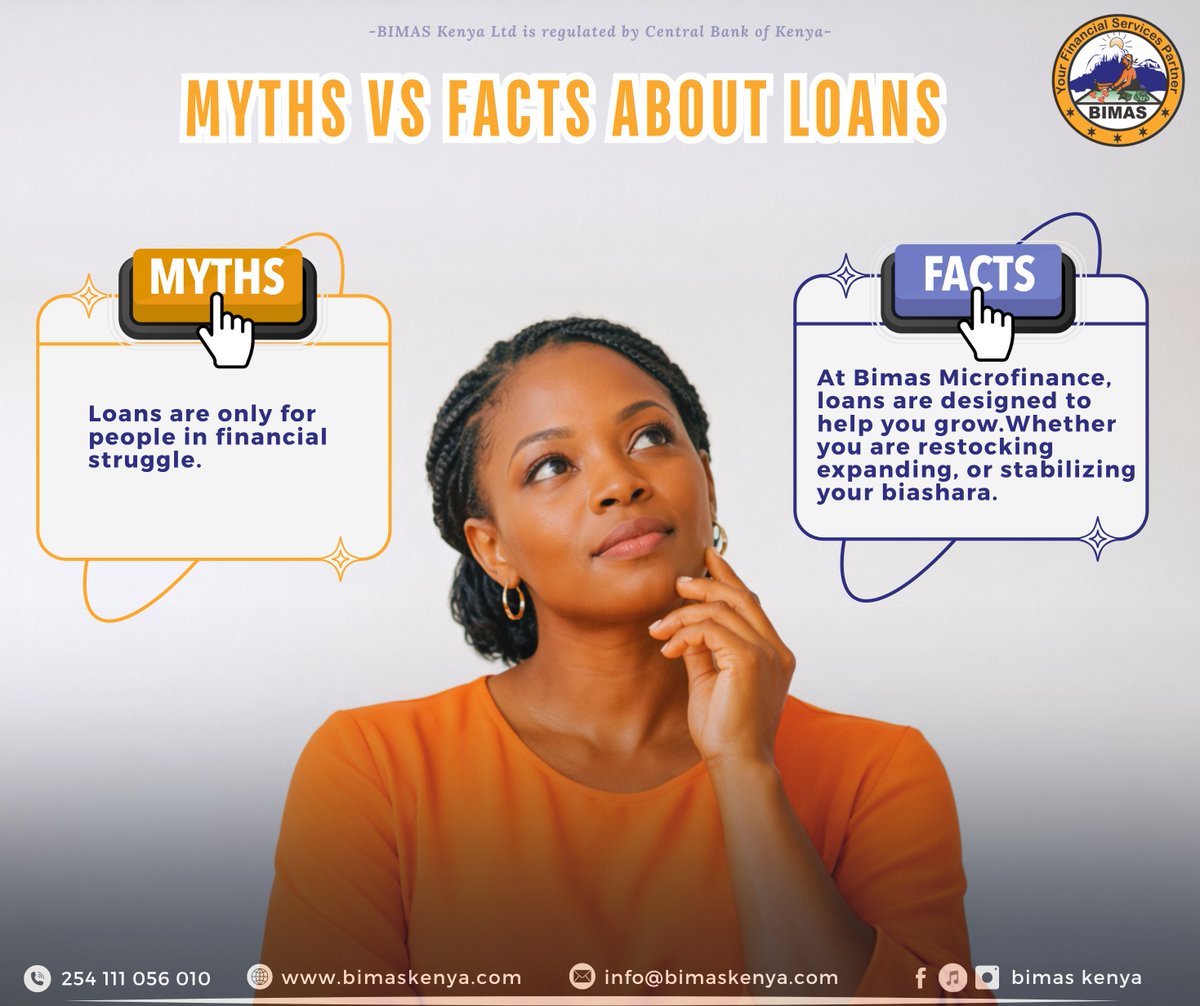bimas_kenya's tweet image. What if the only thing standing between you and growth is the wrong belief about loans?  Don’t let myths hold you back.  Visit your nearest Bimas Microfinance branch today and let us grow your business together!  #BIMASMicrofinance #Mythsandfactsloans #GrowWithBimas