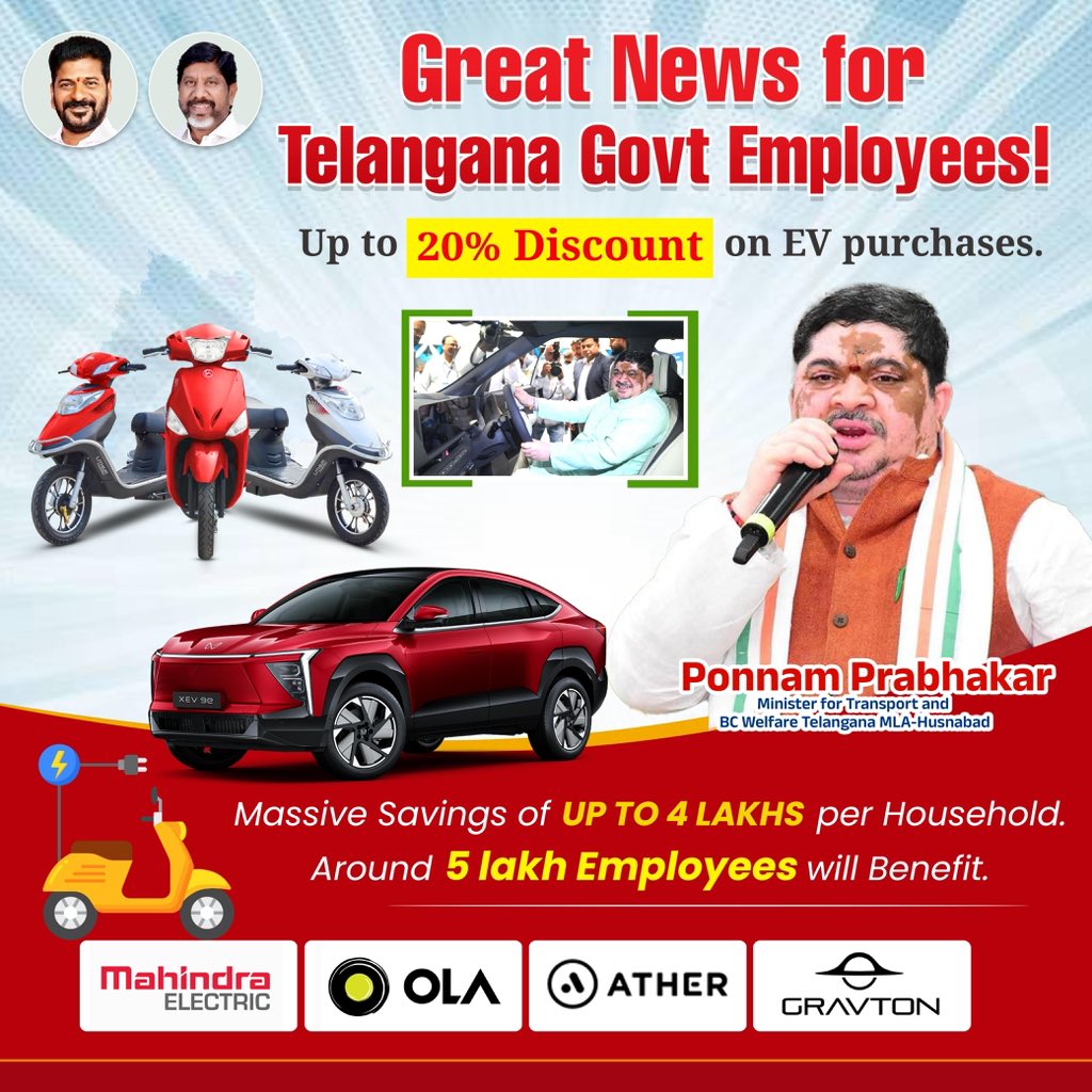 NewsMeter_In's tweet photo. #Hyderabad:
Updates from #Telangana Legislative Council
Big #EVboost in #Telangana
"The #TransportDepartment is rolling out #keyreforms, and from today, under the #EVpolicy, #companies are offering 15–20% #discounts on #electricvehicles, even for #governmentemployees," said Transport Minister @Ponnam_INC Prabhakar.
He added that the initiative will enable savings of up to ₹4 lakh per #household and is expected to benefit around 5 lakh #employees.