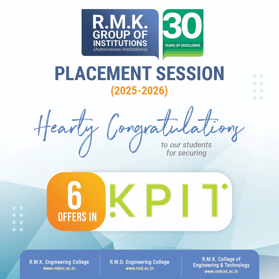 rmdecprincipal's tweet image. **Placement Session 2025-2026**

Ms. KPIT recruited 6 students from the 2022–2026 batch at the R.M.K. Group of Institutions.

Congratulations to our student for securing this job offer!

#rmdec #rmdengineeringcollege #placement #KPIT