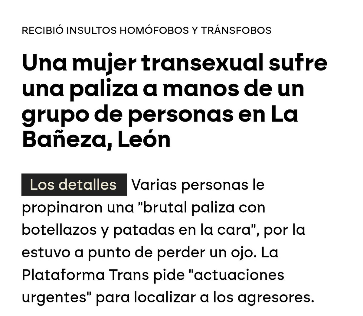 #Prouimpunitat. L’agressió a una dona trans a León és intolerable. Si no estem totes segures, no ho està ningú.
No permetrem que l’odi ens faci retrocedir. Exigim protecció real, justícia i la fi de la barbàrie. Davant el feixisme, ni un pas enrere!