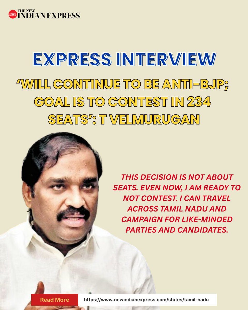 xpresstn's tweet photo. #ExpressInterview | The main issue was the ‘big brother’ attitude of the #DMK. They did not treat alliance partners with respect. In this government, most decisions are taken by officials. There is very little role for elected representatives, said Tamizhaga Vaazhvurimai Katchi(TaVK) president T Velmurugan in an interview with #TNIE's @Kumaresan_TNIE.

Read full interview here:
https://t.co/m3KNsqxr6S