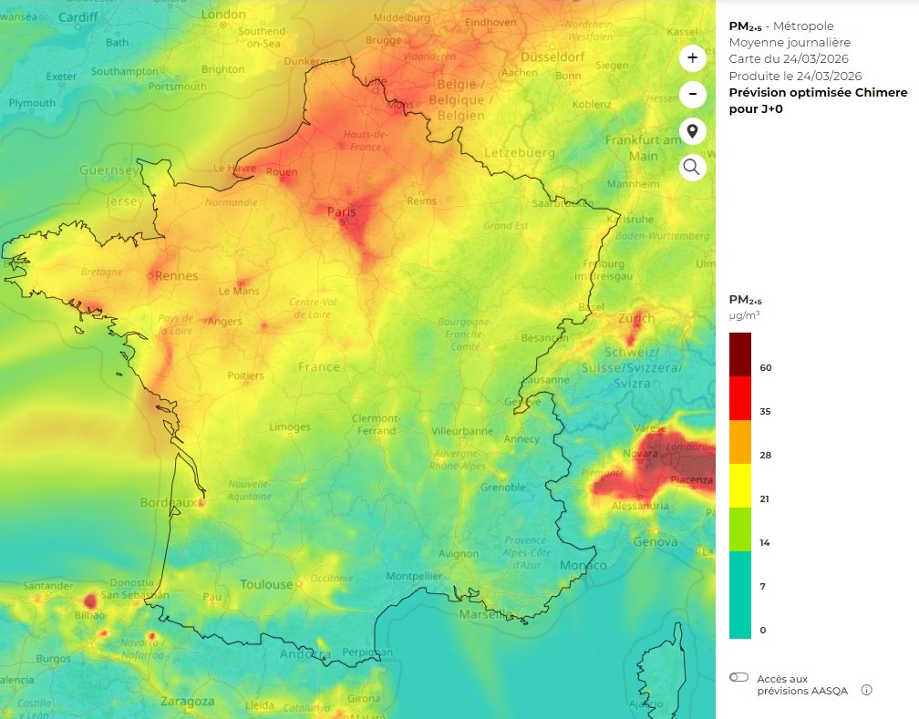 Meteovilles's tweet image. 🔴 La #pollution aux particules fines se poursuit ce mardi 24 mars 2026 dans un large quart nord-ouest de la France. Le bassin parisien est actuellement le plus touché. (via Prev'Air)