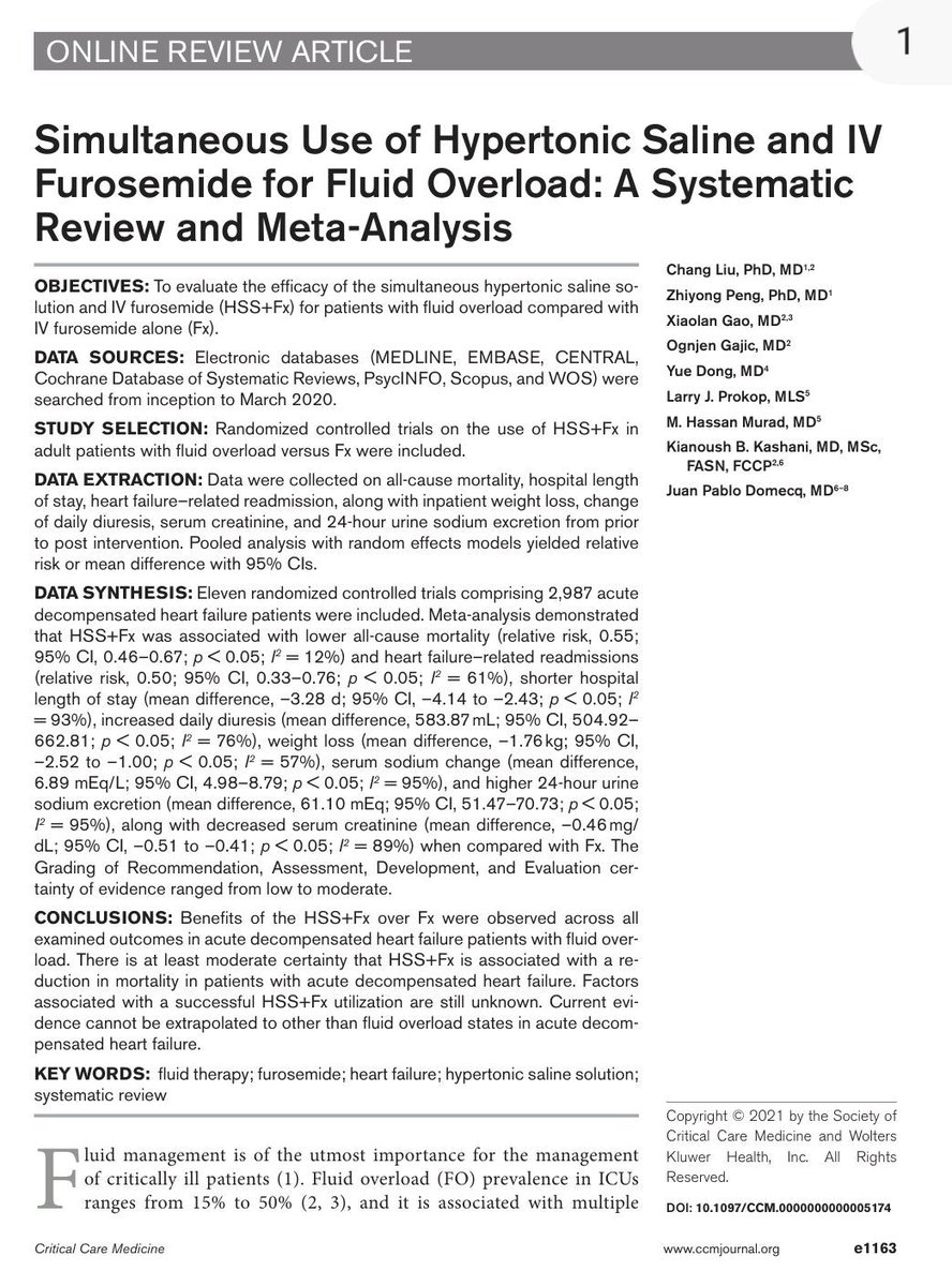 💧 Hypertonic saline + furosemide in fluid overload.

Fluid overload remains a major driver of morbidity and mortality in critically ill patients and acute decompensated heart failure.

A systematic review and meta analysis evaluating the combination of hypertonic saline solution
