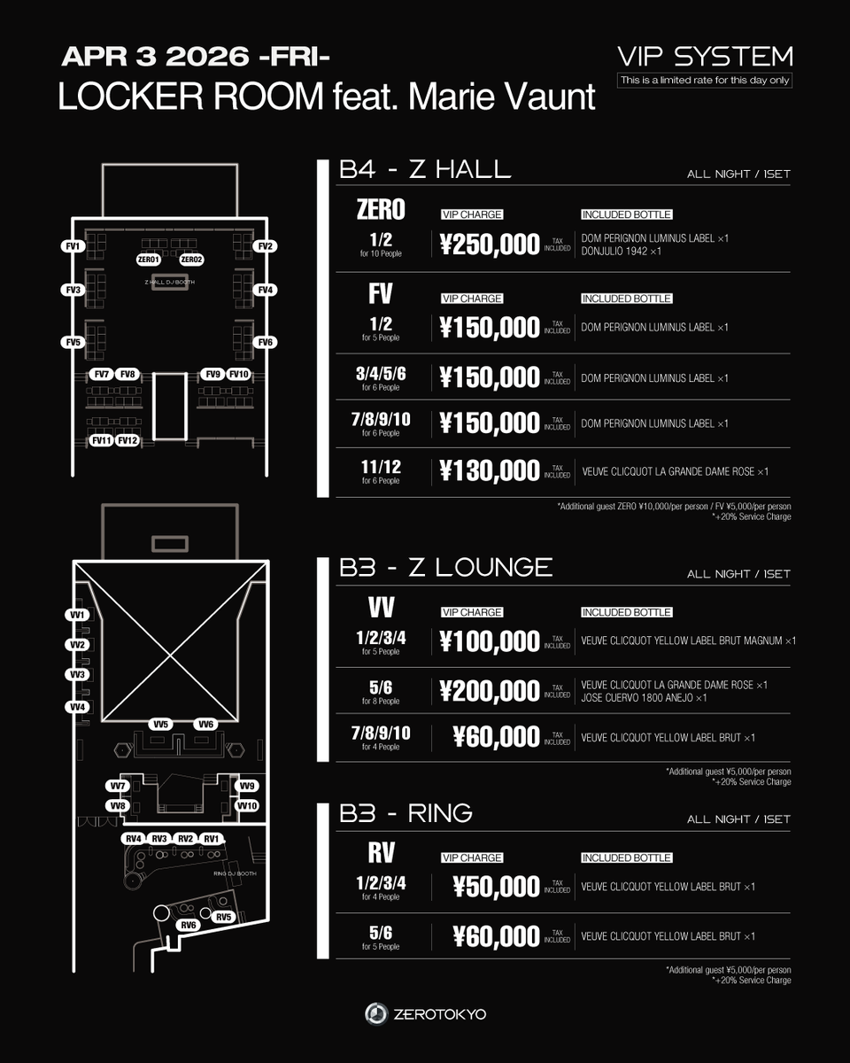 ZEROTOKYO_JAPAN's tweet photo. ハードテクノパーティー「LOCKER ROOM」がMarie Vauntを招聘し第2回開催が決定!!

2026.4.3(金) LOCKER ROOM feat. Marie Vaunt
OPEN 11PM
HP：https://t.co/BAvCs8Ok4m
DOOR：¥4,000-
FASTPASS TICKET：¥3,500-（優先入場・入場料金含む）
STUDENT PASS(学生証提示・1ウェルカムドリンク付き) ：¥3,500-
【ZAIKO】https://t.co/AvIQ1ubYyi
【RA】https://t.co/kRmyChU0oU
【イープラス】https://t.co/R6njlLPmv9
【Tickets for overseas customers】https://t.co/cLRlbNxcMZ

※STUDENT PASS
「大学・専門学校・短大等に在学中の方」学生証の提示で当日料金から500円OFF。
1ウェルカムドリンク(グラスCHANDON ROSE)付き。
※20歳以上からのご���場となります。

※混雑時に入店規制や、メインホールへの入場規制を行う場合がございます。
FASTPASS TICKETをお持ちの方も入店規制があった場合に、入店ができない場合がございますので、お早めにご来場ください。

春のZERO×CHANDONキャンペーン!!

期間中(<3月6日(金)～4月11日(土)>)に各日程来場の方先着200名様に1グラスCHANDON ROSEをプレゼント!!

さらに大学・専門学校・短大に在学中の方は学生証の提示で500円OFF+1グラスシャンドン(スパークリングワイン)付き!!

お早めにご来場ください!!

【Z HALL】〈HARD TECHNO / TECHNO〉
-LOCKER ROOM-
SPECIAL GUEST：Marie Vaunt
DJ：CHIKA / DALJAE / KAITO / KLYDE / YUXI
VJ：MSK

【ENTER】〈TECHNO / GROOVE〉
DJ：KATSU / HOTARU / IPPO / INRIKUX

【RING】
-DISCOVERY Supported by ADS-
DJ：AJ / HK. (ADS,PHANTASM RECORDS) / WATARU (ADS,SACRED TECHNOLOGY) / TK BOO(ADS,YABAI RECORDS) / E.L.E (P.L.U.R) / MAKOBUS (ADS)
VJ：Big Baby

VIP B4F [Z HALL] RESERVATION：https://t.co/RN2vFG4FmM
VIP B3F [Z LOUNGE] RESERVATION：https://t.co/eyFleh67t2
VIP B3F [RING] RESERVATION：https://t.co/TbnHWTQ6hd

#ZEROTOKYO