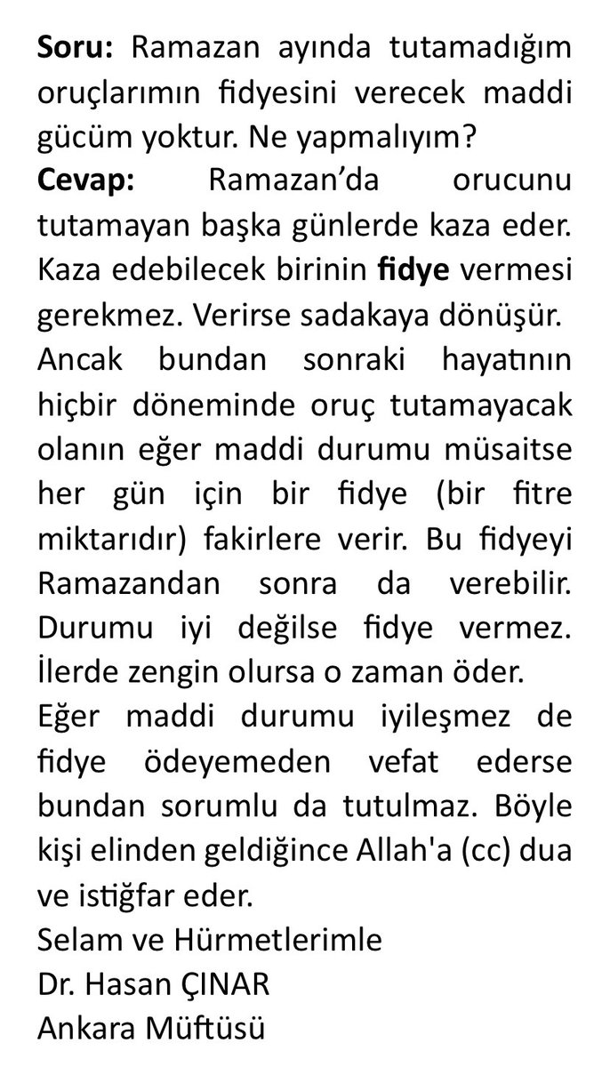 DrHasanCinar's tweet photo. Soru: Ramazan ayında tutamadığım oruçlarımın fidyesini verecek maddi gücüm yoktur. Ne yapmalıyım? https://t.co/tFS6h1s9VP