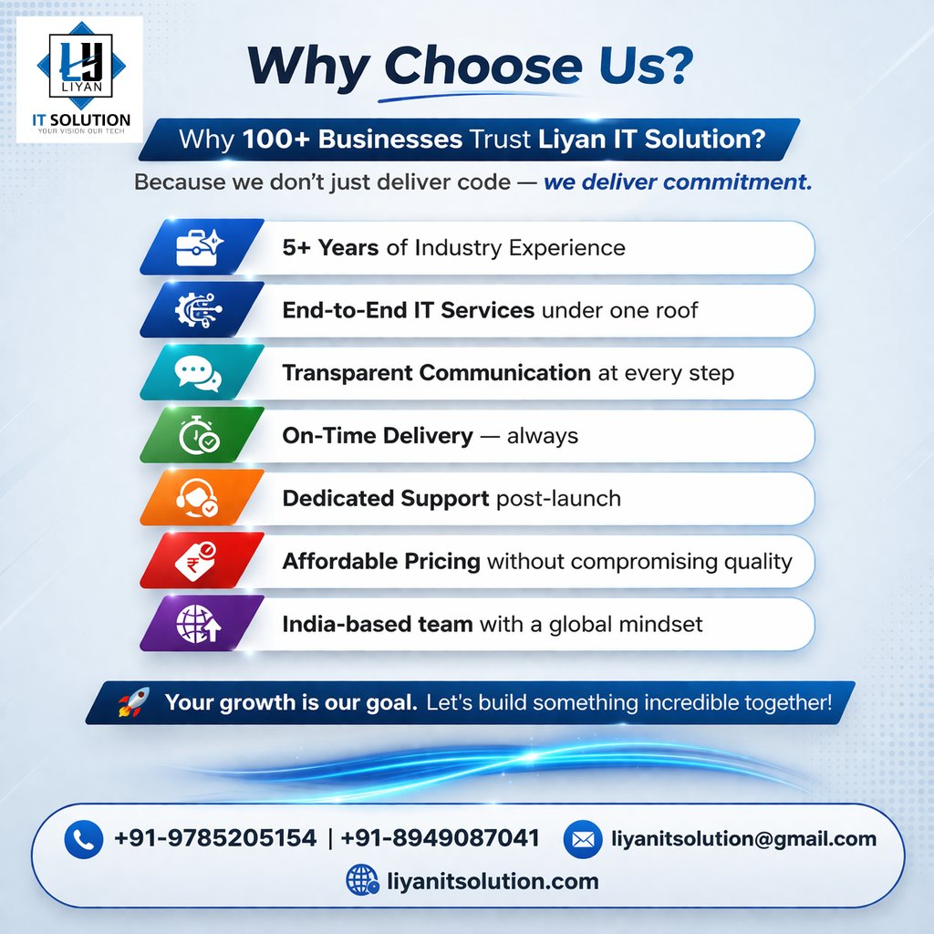 LiyanitSolution's tweet photo. 💡 Why do 100+ businesses trust @LiyanITSolution?
Your growth is our goal. 🚀
📞 +91-9785205154
🌐 https://t.co/5t0JRvZSJc
#LiyanITSolution #ITSolutions #WebDevelopment #TechIndia #IndiaIT #WhyChooseUs #StartupIndia #MakeInIndia #JaipurTech #WebDesign #EcommerceDev #SoftwareDev https://t.co/qEoDopxh4e