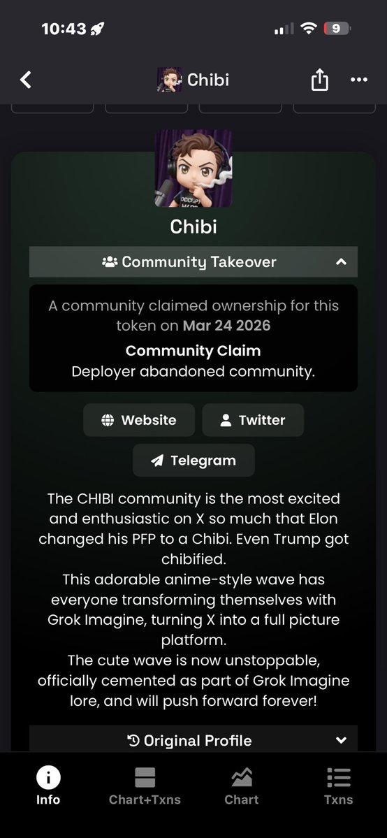 OG Chibi now CTO 

Ape some thank me later :)

0x06Db18D27Edfea1b1eDA176369a4798aa2adD407