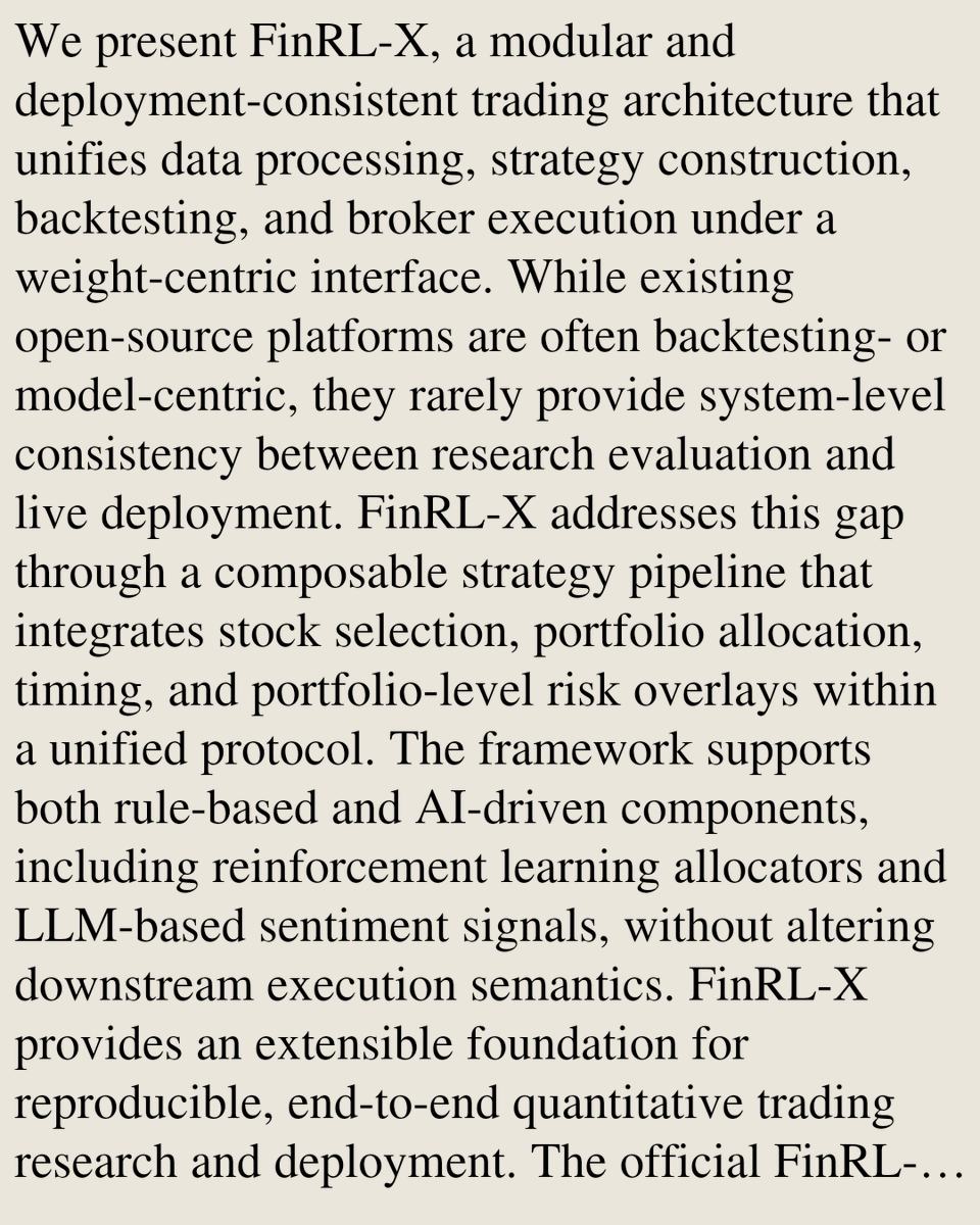 QFinancePapers's tweet photo. FinRL-X: An AI-Native Modular Infrastructure for Quantitative Trading

Hongyang Yang, Boyu Zhang, Yang She, Xinyu Liao, Xiaoli Zhang
https://t.co/j3Za0QV0Zh [𝚚-𝚏𝚒𝚗.𝚃𝚁 𝚌𝚜.𝙻𝙶 𝚚-𝚏𝚒𝚗.𝙲𝙿] https://t.co/x3FDp4agzn