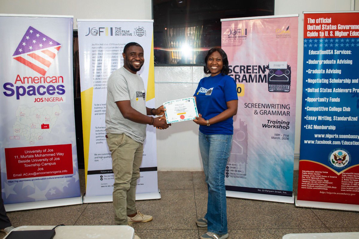 DAY 5/6 – ScreenGramm 2026
Finale

2 Creative Sessions:
-Responsible Citizenship led by Mr Eddie Oguns
-Intellectual Property by Mrs Mayo Mafulul
-Presentation of Certificates

#Screenwriting
#Storytelling
#JOFII
#CreativeEducation
#WindowOnAmerica
#YouthVoices 
#EmbassySupport