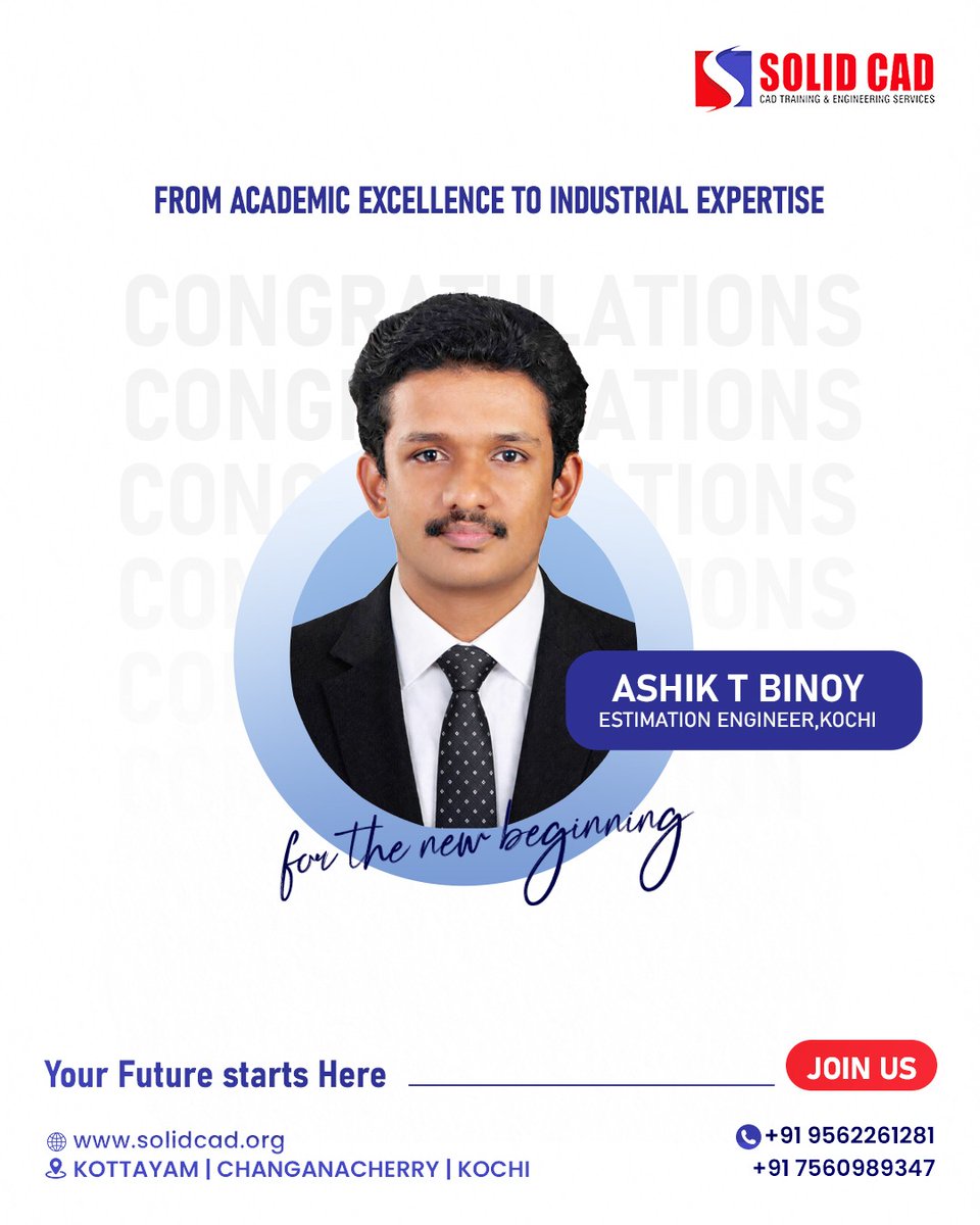 cad_solid's tweet photo. Congratulations Ashik T Binoy! 🎉
Successfully completing your course and stepping into the role of an Estimation Engineer in Kochi is a remarkable accomplishment.
Wishing you all the best as you begin this exciting journey!

#SolidCAD #Congratulations #Estimationengineer https://t.co/vg75mFrXPS