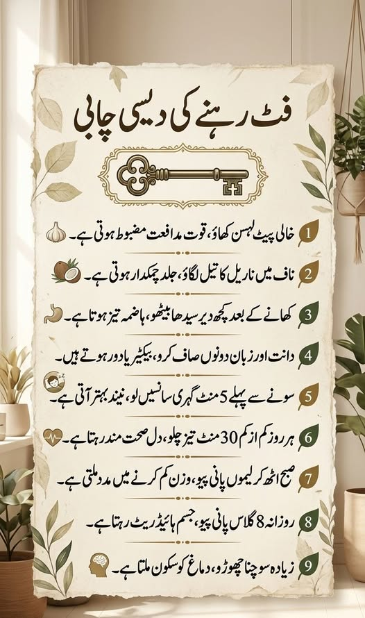 MariaBalochPK's tweet photo. فٹ رہنے کی دیسی چابی
خالی پیٹ لہسن کھاؤ، قوت مدافعت مضبوط ہوتی ہے۔
ناف میں ناریل کا تیل لگاؤ، جلد چمکدار ہوتی ہے۔
کھانے کے بعد کچھ دیر سیدھا بیٹھو، ہاضمہ تیز ہوتا ہے۔
دانت اور زبان دونوں صاف کرو، بیکٹیر یا دور ہوتے ہیں۔
سونے سے پہلے 5 منٹ گہری سانسیں لو، نیند بہتر آتی ہے۔
هر روز کم از کم 30 منٹ تیز چلو، دل صحت مند رہتا ہے۔
صبح اٹھ کر لیموں پانی پیو، وزن کم کرنے میں مدد ملتی ہے۔
روزانه 8 گلاس پانی پیو، جسم ہا��یڈریٹ رہتا ہے۔
زیادہ سوچنا چھوڑو، دماغ کو سکون ملتا ہے۔