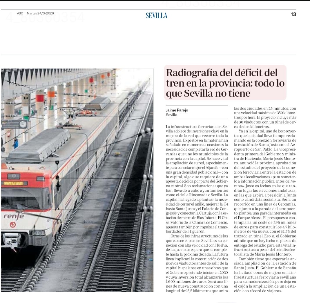 La inversión del Gobierno de Sánchez y Montero, en infraestructura ferroviaria en Sevilla, es vergonzosa:

❌️ 215 M€ en ocho años mientras que a Barcelona 6.300M€

Las cifras demuestran el ninguneo y maltrato a nuestra tierra.