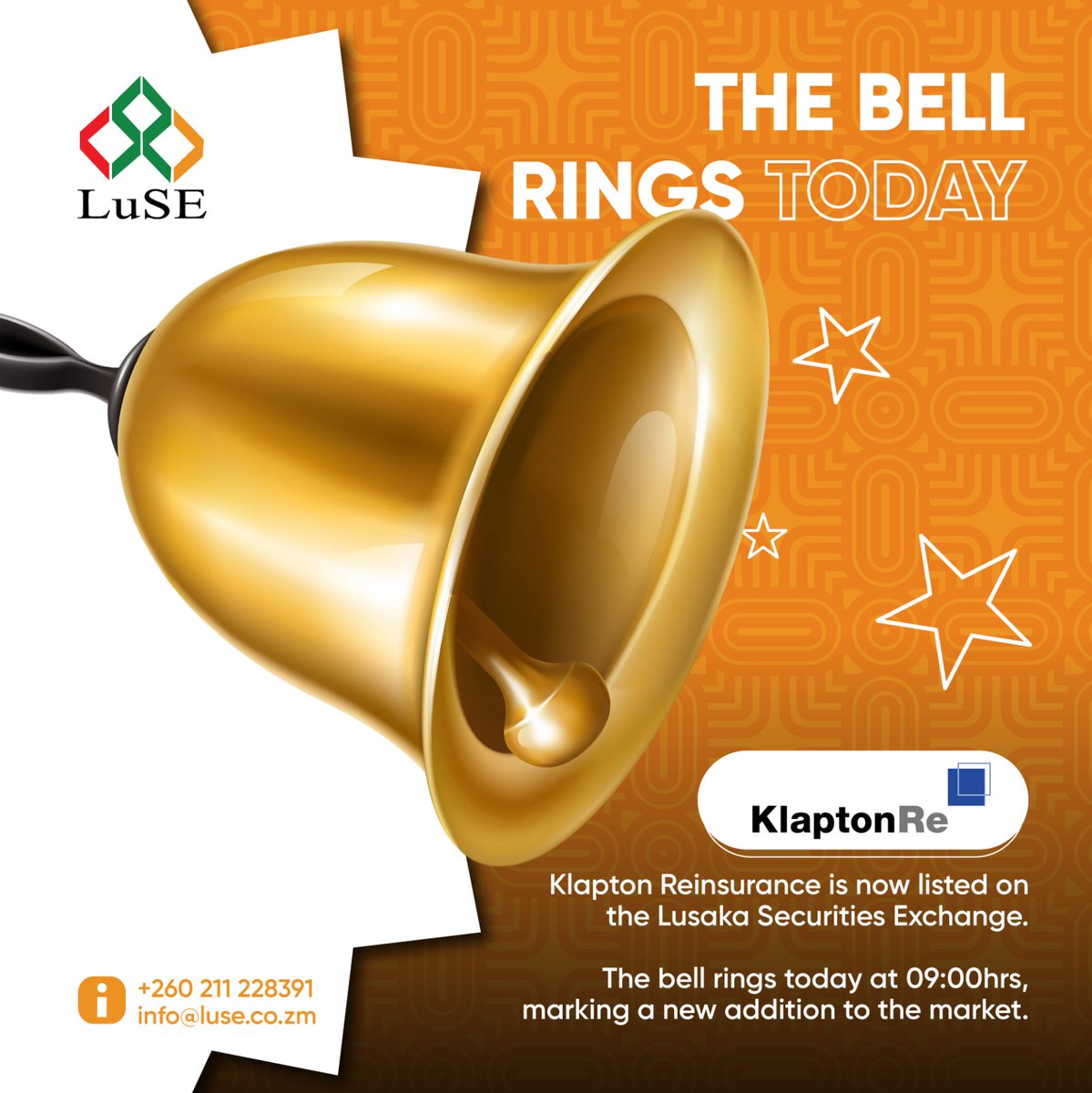 LuSE_Plc's tweet image. 🔔 The bell rings! We proudly welcome KlaptonRe as our newly listed company on the Lusaka Securities Exchange! As the market opens at 10:00hrs, we celebrate a new chapter for our market &amp;amp; every Zambian investor. Here's to growth &amp;amp; opportunity! 🇿🇲✨
#LuSE #KlaptonRe #Newlisting