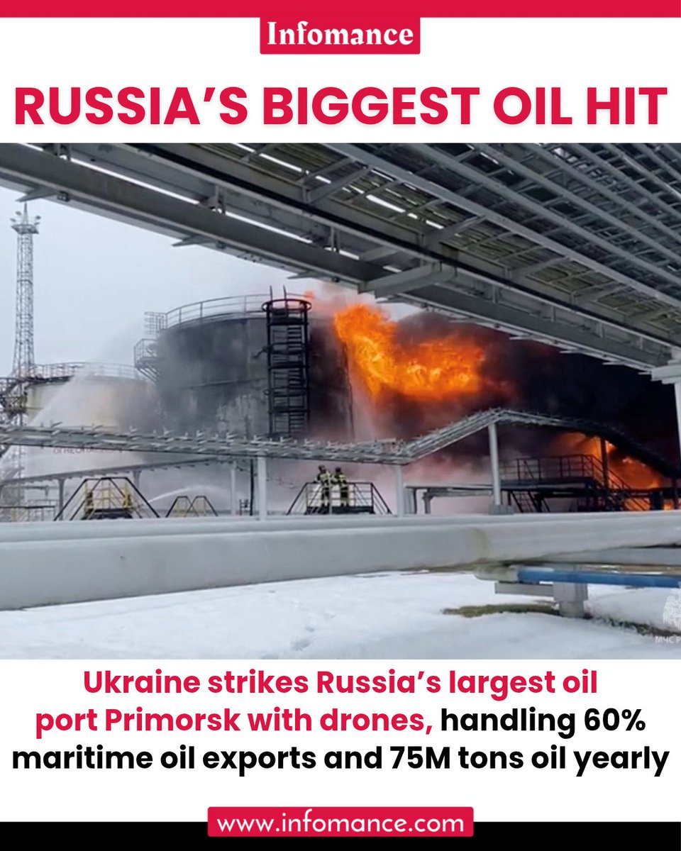 theInfomance's tweet photo. While the world focused on US-Iran tensions, Ukraine launched a major drone attack on Russia’s key oil port in Primorsk. https://t.co/sEGz2ErWUq