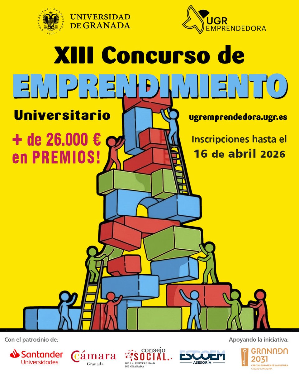 FundacionPTS's tweet image. 🚀 Impulso real al talento emprendedor desde la #UGR @UGRemprendedora 

💡 Llega el XIII Concurso de Emprendimiento Universitario 2026 con +26.000€ en premios y múltiples beneficios para proyectos innovadores, startups y spin-offs.

📅 Inscripciones abiertas hasta el 16 de