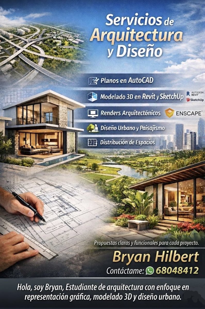bryan_hilbert's tweet photo. Hola, soy Bryan, estudiante de arquitectura con enfoque en modelado 3D, planos arquitectónicos y visualización mediante renders. Desarrollo propuestas claras, técnicas y bien representadas. https://t.co/WtvnXAVkCN