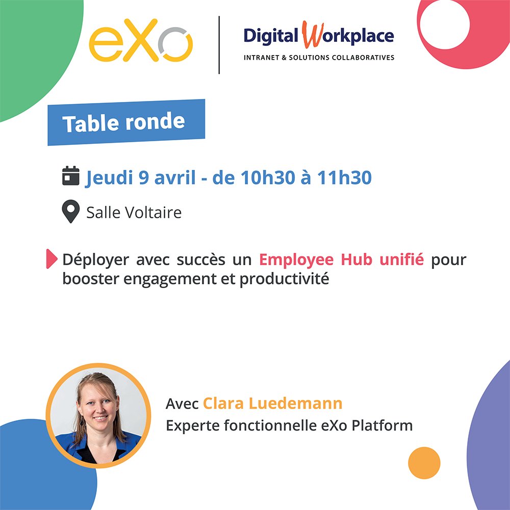 eXoPlatformFR's tweet photo. J-15 avant le salon #DigitalWorkplace 🚀
#IA #SouverainetéNumérique Employee Hub… On vous donne rendez-vous les 8 &amp; 9 avril à Paris pour en parler ! 🎤
📍 Stand D69/C70 – Porte de Versailles
👉 S’inscrire : https://t.co/p7B0BMVy3T
#Intranet https://t.co/SQhGxyWsvH