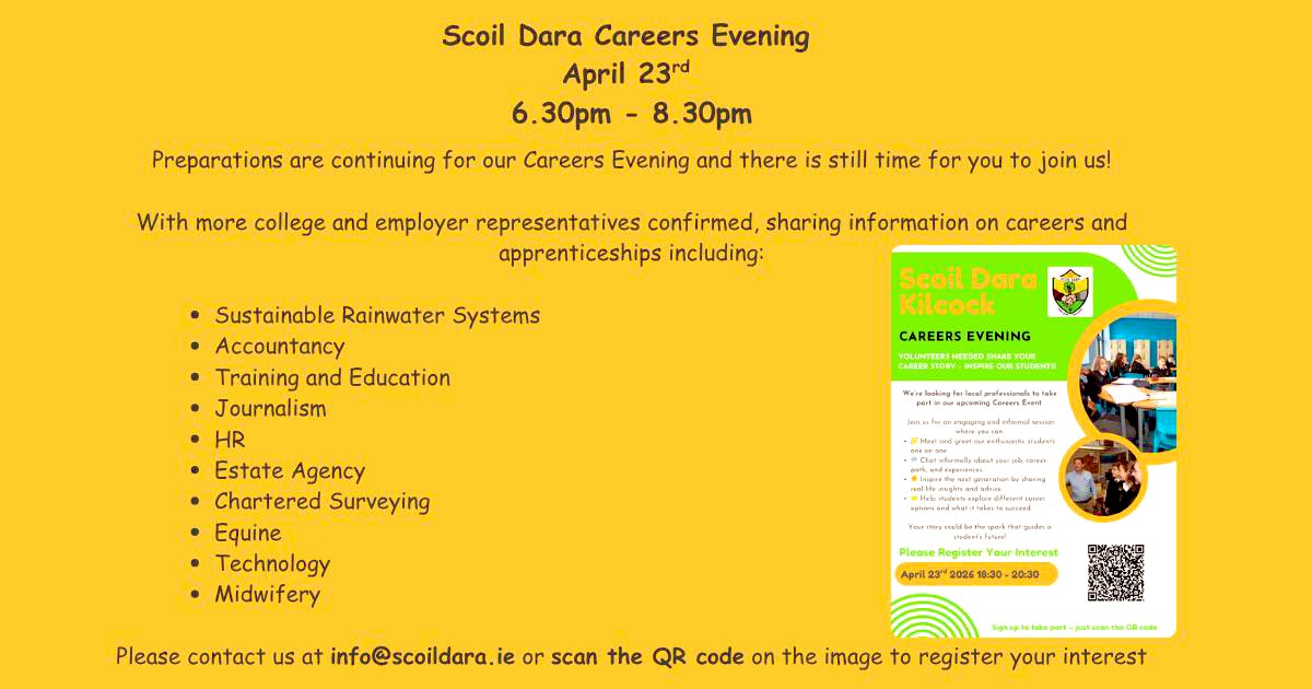 scoildara's tweet photo. Reminder: our Careers Evening is coming up soon! We are looking for your help in sharing your experiences with our students #SchoolCommunity #ShapingFutures #LocalBusinesses https://t.co/ZWUD5WHLxT