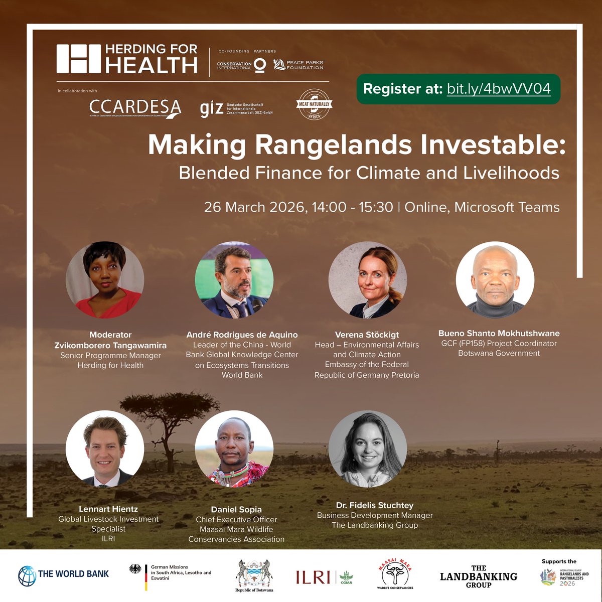 ccardesa_sadc's tweet photo. Making Rangelands Investable: Blended Finance for Climate and Livelihoods
Date: 26 March 2026
Time: 14:00 – 15:30 SAST
Register here: https://t.co/FlxQiShyOA
#CCARDESA #herdingforhealth #h4h #rangelands #BlendedFinance https://t.co/89FtR7DQnU