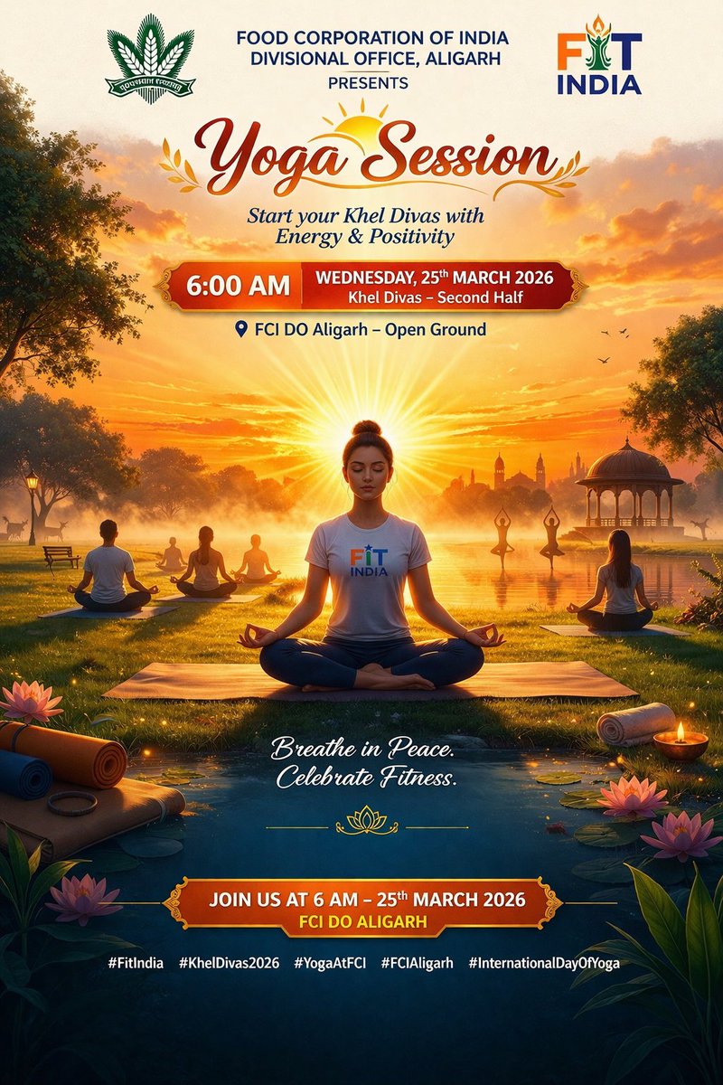Yoga Session – FCI DO Aligarh
Start your day with energy &amp; positivity! 
25 March 2026 | 6:00 AM
Join us for a refreshing morning of yoga under Fit India – Fit FCI initiative. 
#FitIndia #KhelDivas2026 #DOAligarh