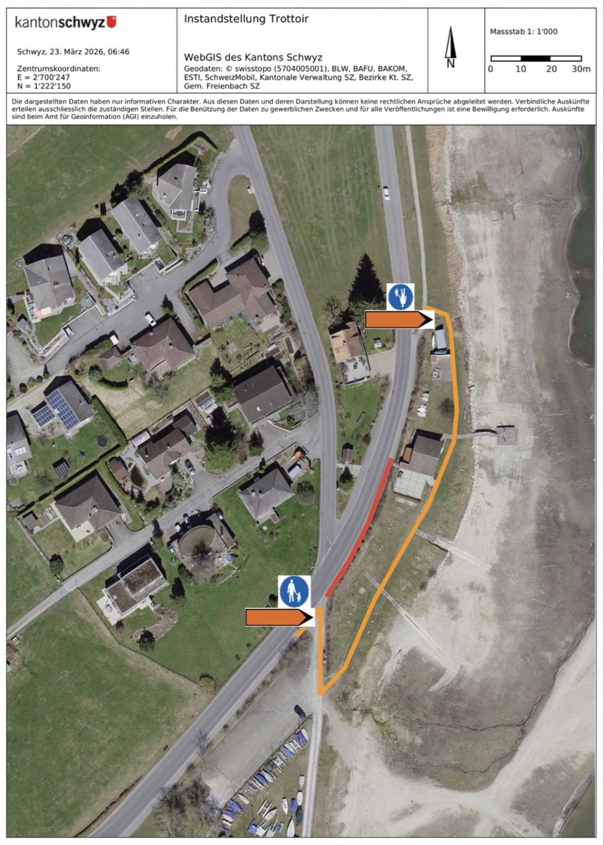 #Einsiedeln #Verkehr - Ab Montag, 30.03.2026 bis ca. Ende April 2026 wird das Trottoir an der #Staumauerstrasse (beim Segelclub) instand gestellt (Böschungssicherungsarbeiten).