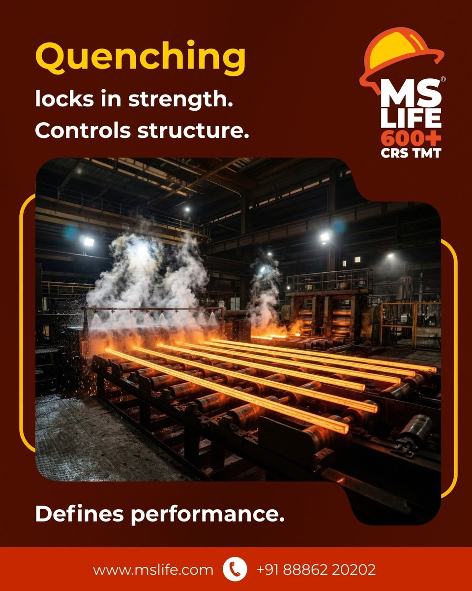 MSLife7's tweet photo. Quenching is a critical step in steel manufacturing where controlled cooling shapes the internal structure of the bar. It’s this process that helps achieve the right balance of strength and ductility.

That precision is built into MS Life.

#MSLifeSteel #Quenching #SteelScience https://t.co/Xnd8N3GTto
