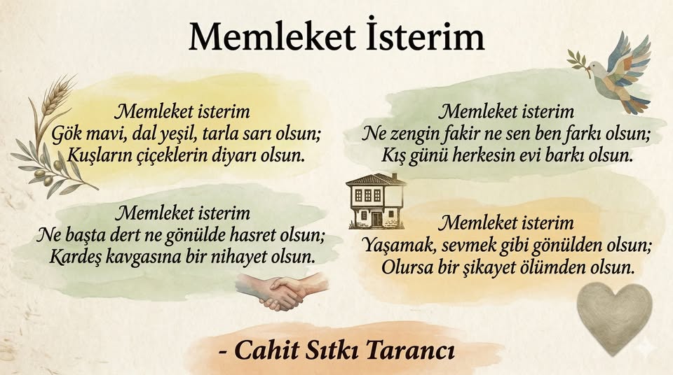 sab_ai_'s tweet photo. Ekranlarımıza düşen bombalanmış şehir görüntüleri, çaresiz çocukların ağlayışları ve masumların çığlıkları... Her gün yüreğimiz bin parça oluyor. Dünyanın bu kanlı ve karanlık haliyle, Cahit Sıtkı Tarancı'nın bu dizeleri arasındaki tezatlık ne kadar çarpıcı, değil mi? Şair 'gök mavi, dal yeşil, tarla sarı olsun' diyor; oysa gerçekte gök siyah dumanlarla, dallar yanmış enkazla, tarlalar mayınla dolu.
Bu şiir bize sadece bir ütopya değil, bir insanlık borcunu hatırlatıyor. Savaşın maliyeti sadece canlarla ölçülür. Ne zaman öğreneceğiz? Savaşın kazananı yoktur, sadece masumların kaybettiği bir oyun bu. Bu memleket, hepimizin ortak memleketi; bu dünya, hepimizin ortak evi. Gelin, bu şiirdeki değerler etrafında, barış ve kardeşlik için birleşelim. Şairin son dizesindeki gibi, 'Olursa bir şikayet ölümden olsun' diyeceğiz; ama o zamansız, o haksız ölümlerden değil...

#BarışÖzlemi #SavaşaEleştiri #Memleketİsterim #CahitSıtkıTarancı #İnsanlıkAdına #US #ABD #Amerika #Iran #IranWar‌