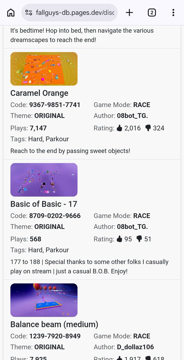#FallGuys #fallguyscreative 

自分のマップが4つもDiscoverのHardタブに載りました。すごい… 🥹
しかも、
NIGHT RUNNER はHardとArtの両方に掲載され、
Caramel Orange はWeeklyトレンドで2位（順番は正確じゃないかもですが）に入り、さらに
Hardタブ全体の中でも
（いいね ÷ 低評価）や（いいね ÷