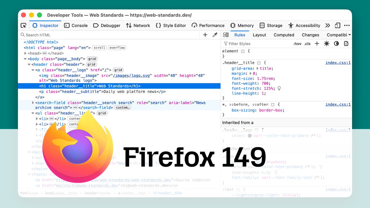 webstandardsdev's tweet image. Firefox 149 release notes for developers. Popover hint value, CloseWatcher, shape-outside xywh(), vertical-align as a shorthand, optional @​container conditions, and captureStream(). #firefox #browser

developer.mozilla.org/en-US/docs/Moz…