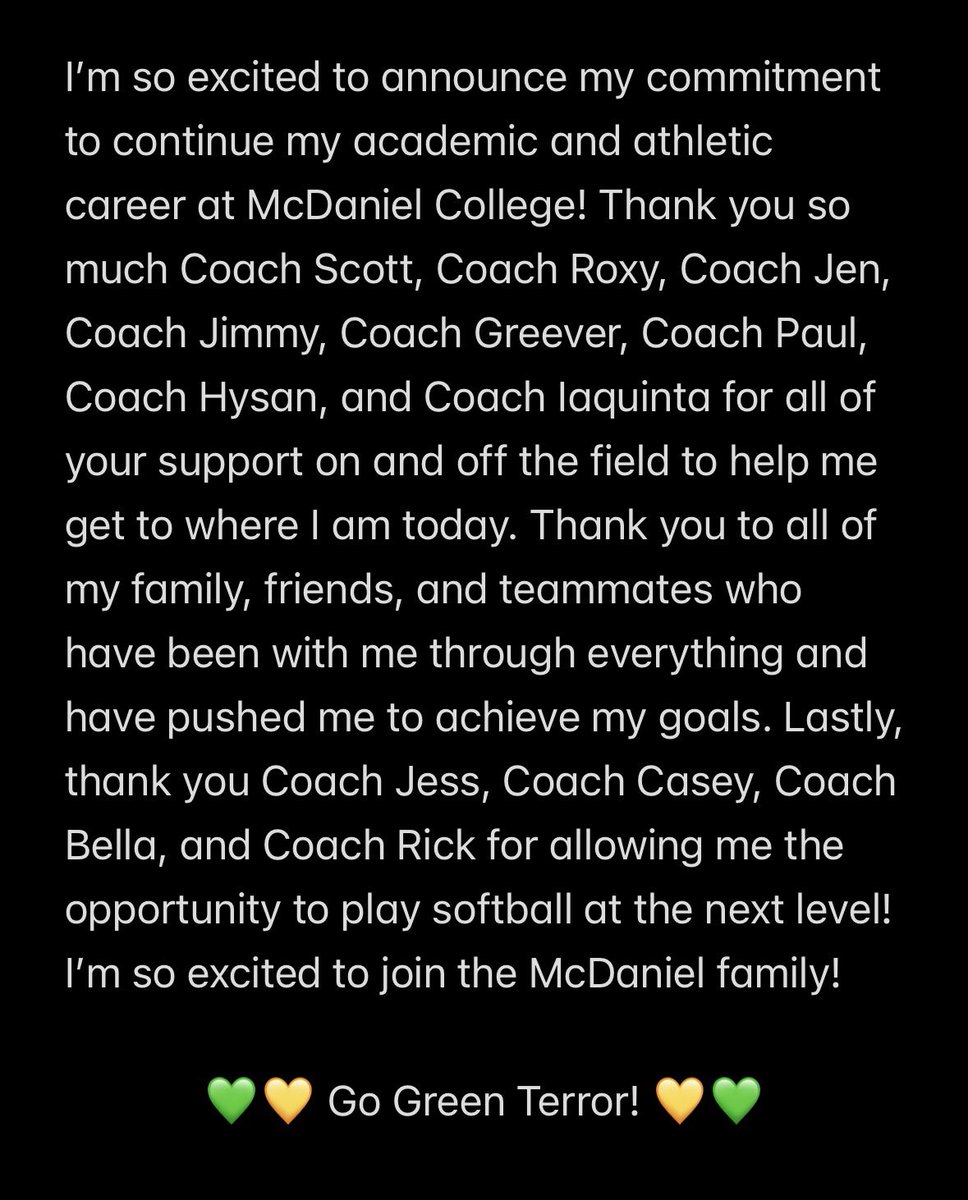HarmelJordyn's tweet photo. Committed! Let’s go Green Terror!!

@McDaniel_SB 31’ 💛💚 https://t.co/grACS0oYqT