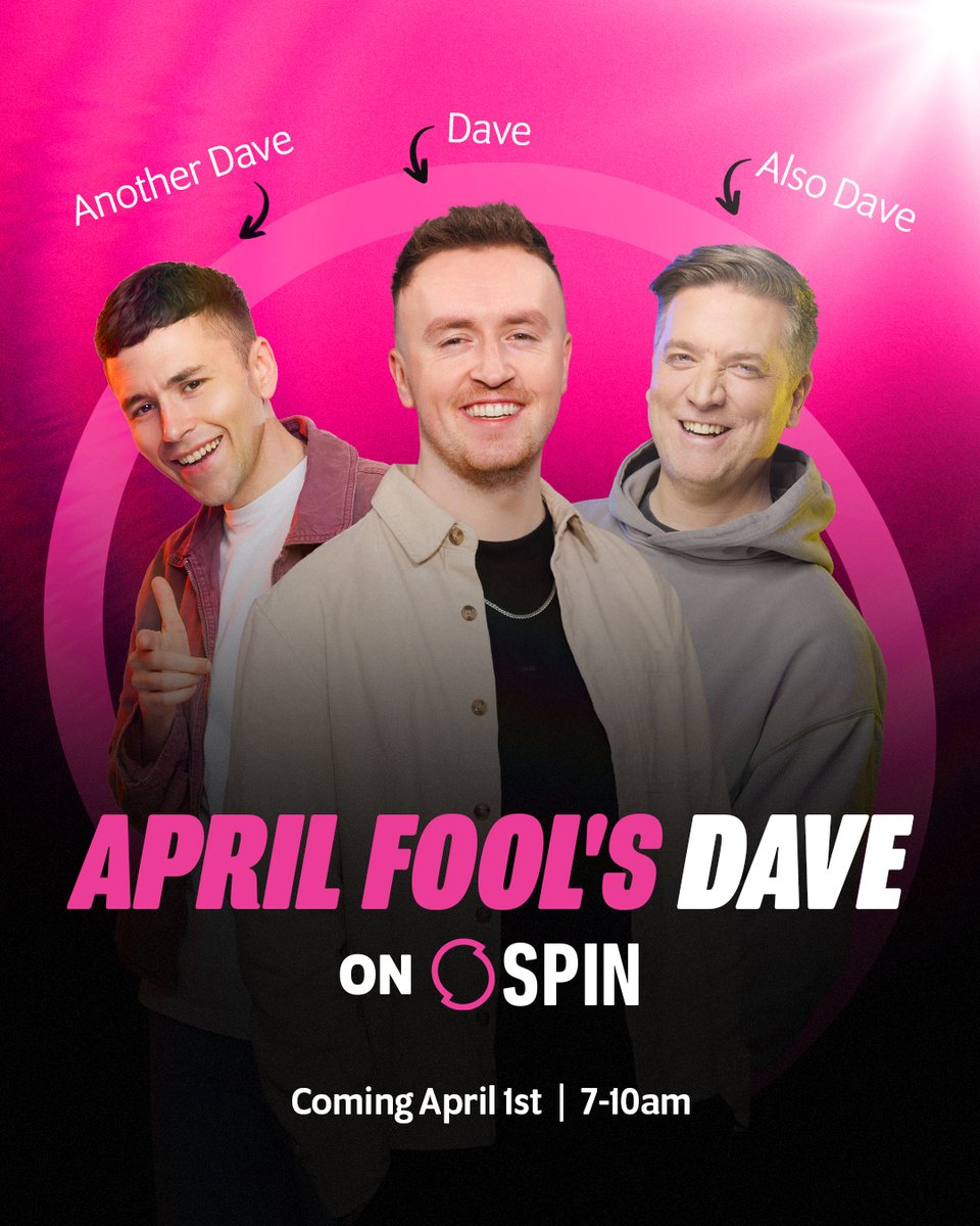 spin1038's tweet image. It's Dave's world, we're just living in it! 

We're rebranding April 1st on SPIN into something much sillier - April Fools Dave! 😱 

Keep SPIN loud to find out more and join us 7-10am on 1st April for the world's first, April Fools Dave 🤩

#AprilFools #Dave #IrishRadio