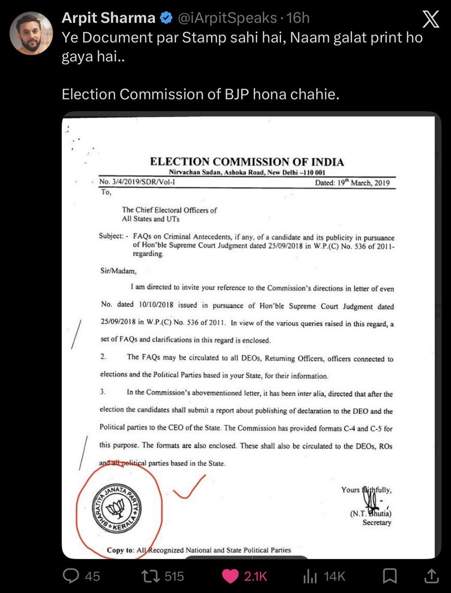 iArpitSpeaks's tweet image. I have also received a Notice from Kerala Police for my post on the “clerical mistake” by Election Commission.

Though as advised by my lawyer, I might remove this post to avoid any undue trouble. 

This poses a Very Serious Threat to voices &amp;amp; opinions on Social Media.