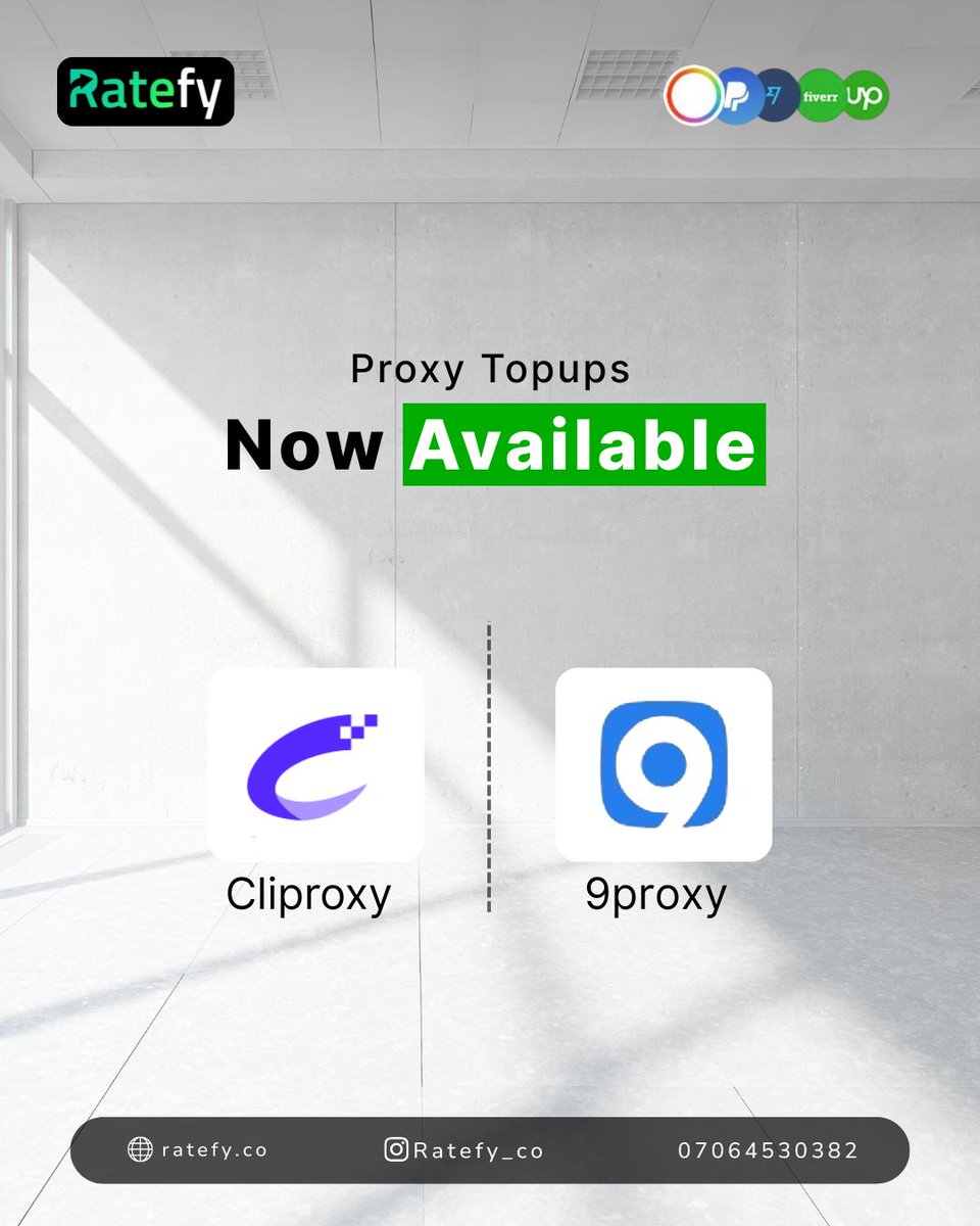_Ratefy's tweet photo. Big update: you can now buy 9Proxy and CLIProxy credits on Ratefy — and pay in Naira.

No dollar card. No foreign payment headaches. Just your Ratefy wallet, and you're sorted.

Proxies just got easier for Nigerian digital workers. 📷 https://t.co/mJ83maCSuK
#Ratey #freelancers https://t.co/3yP20OH08b