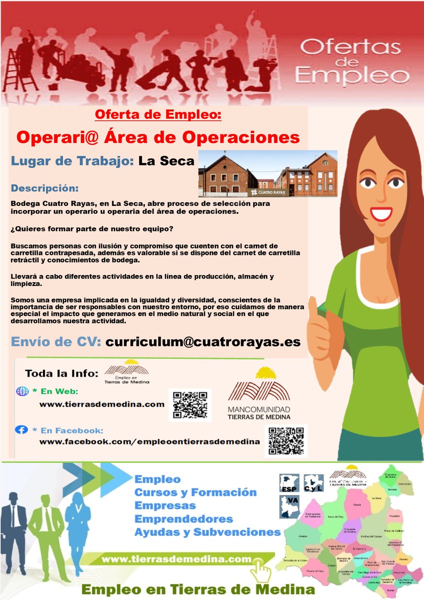 TierrasdeMedina's tweet photo. Oferta de #Empleo: #Operari@ Área de #Operaciones en #LaSeca

@CuatroRayas, en La Seca, abre proceso de selección para incorporar un operario u operaria del área de operaciones.

Envío de CV: curriculum@cuatrorayas.es

#TierrasdeMedina https://t.co/RRbEG3zBzq